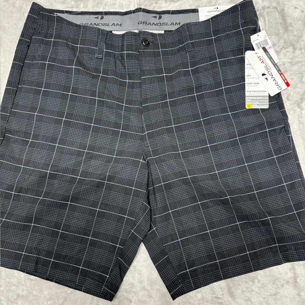 Grand Slam Shorts Men's 38 Black/Gray Golf Performance Flat Front Pockets NWT